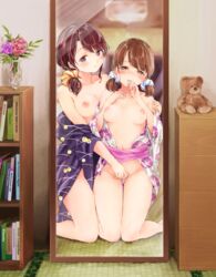 2girls blue_scrunchie blush book bookshelf breasts brown_eyes brown_hair clothing commentary_request eyebrows_visible_through_hair fingering floral_print flower hand_to_own_mouth highres japanese_clothes kimono kneeling large_breasts medium_breasts medium_hair mirror mole mole_under_eye multiple_girls navel nipples obi off_shoulder open_clothes open_kimono original purple_kimono sash scrunchie stuffed_animal stuffed_toy syou_(endemic_species) teddy_bear twintails vase white_kimono yellow_scrunchie yuri