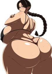 1girls back_view bakudemon big_areola big_ass big_breasts big_butt bikini bikini_bottom bikini_top braid brown_eyes brown_hair busty curvy dat_ass elf erect_nipple erect_nipples female female_only g-string glasses hourglass_figure humanoid lipstick long_hair looking_at_viewer looking_back makeup midriff nipple_bulge original_character pointy_ears pose posing red_lipstick shiny shiny_skin sideboob simple_background skimpy sweat swimsuit thick_thighs thong tied_hair voluptuous white_background wide_hips