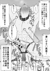 1boy abs armpits arms_behind_head benjomushi blush cellphone censored chest greyscale male_focus monochrome muscle nipples original phone pubic_hair smartphone solo_focus squatting testicles