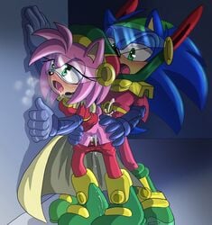 1boy 1girls against_wall amy_rose archie_comics bent_over blue_fur blue_hair bodysuit boots cape clothed_sex clothing cum cum_in_pussy cum_inside cum_on_shoes cumming drool drooling female from_behind glasses green_eyes half-closed_eye half-closed_eyes hands_on_ass looking_up male open_mouth pants pants_down penetration pink_fur pink_hair pinned pussy saliva sex sonic_(series) sonic_the_hedgehog standing standing_doggy_style standing_sex tongue tongue_out vaginal_penetration visor zonic_the_zone-cop