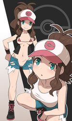 1girls abs areolae armpits belly bikini black_background blue_eyes boots bra breasts brown_hair cleavage denim denim_shorts eye_contact eyelashes female female_only hand_on_hips hilda_(pokemon) human jacket laced_boots long_hair looking_at_viewer looking_up navel nintendo nt00 open_mouth panties panties_visible pink_bikini pokemon pokemon_bw ponytail pose shirt shoes shorts sideboob smile socks solo spread_legs squatting standing underboob vest white_border