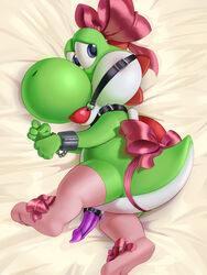 ball_gag bed_sheet bedding blush bondage clothed clothing collar crossdressing gag handcuffs hi_res legwear lewdango looking_at_viewer male male_only mario_(series) nintendo ribbons shackles solo stockings video_games yoshi