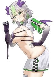 1girls arched_back ass belly belly_button big_ass big_breasts bikini breasts cleavage contrapposto cowboy_shot elbow_gloves female female_only from_side froot gloves green_eyes green_hair grey_hair hair hairclip hand_on_hip holding_panties horn_piercing horns huge_breasts indie_virtual_youtuber jacket large_ass large_breasts leaning_forward looking_at_viewer lowleg lowleg_skirt midriff miniskirt multicolored_hair navel no_panties pale-skinned_female pale_skin panties panties_removed pointy_ears race_queen revealing_clothes shimoruchiko short_hair short_sleeves side_view sideboob single_thighhigh skimpy skimpy_clothes skirt smile solo stomach teeth thigh_squish thighhighs thighs underboob virtual_youtuber vtuber wide_sleeves wings