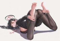 1girls 2026 2d ai_generated ankle_grab artist_name ass backboob barefoot black_hair black_jacket black_skirt blue_archive blush breast_press breasts cameltoe clenched_hand clothes_lift commentary feet feet_up female_focus female_only from_behind grey_background hair_ornament hair_spread_out hairclip halo highres hiperionno1 jacket lapels large_breasts legs_apart long_hair looking_at_viewer looking_back mixed mixed-language_commentary mole mole_on_breast open_clothes open_jacket pantyhose plantar pleated_skirt red_eyes ringed_eyes rio_(blue_archive) shadow shirt_lift simple_background skirt solo toes upskirt w-stretch_pose yoga