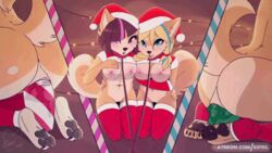 2girls animated anthro anus big big_breasts blue_eyes blue_hair butt_chugging candy_cane canine christmas chugging dildo dildo_sitting eipril feet fur furry inferior_version leash masturbation pink_eyes pink_hair santa_hat tail vagina vaginal_penetration