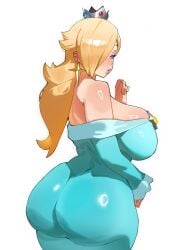 1girls ass ass_in_dress bare_shoulders big_ass big_breasts blonde_hair blue_eyes breasts covered_nipples crown curvy dress earrings female female_only from_behind fruitcrunchi hair_over_one_eye huge_ass huge_breasts jewelry lips long_hair looking_at_viewer looking_back mario_(series) nintendo off-shoulder_dress off_shoulder princess_rosalina puckered_lips sideboob solo super_mario_galaxy thick_thighs thighs