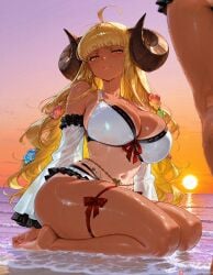 ahoge ai_generated anila_(granblue_fantasy) bangs bare_shoulders barefoot bikini bimbo blonde_hair blunt_bangs blush breasts cleavage commission commissions_open detached_sleeves draph female granblue_fantasy gyaru horns large_breasts leg_ribbon long_hair looking_at_viewer navel official_alternate_costume patreon pixiv_link pixiv_sample seiza self_upload sheep_horns short_eyebrows sitting solo_focus sunset swimsuit tan tanline tanlines tgv9173 thick_eyebrows thigh_strap thighs water wet white_bikini yellow_eyes