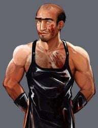 1boy balding blood blood_on_face blood_stain body_hair chest_hair eltingville_club gloves latex latex_gloves lenlken male male_only muscular_arms muscular_male pete_dinunzio semi_nude smile smirk strong the_eltingville_club unibrow