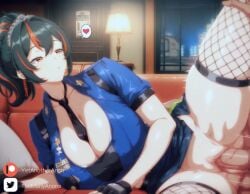 1boy 1girl ai_generated ass bald belt black_gloves black_hair black_necktie black_thighhighs blue_shirt blue_skirt cleavage collared_shirt dark dark-skinned_male door faceless_male female fingerless_gloves fishnet_thighhighs fishnets hair_between_eyes lamp large_breasts leg_lift long_hair loving_aura lying miniskirt moonlight motion_blur motion_lines muscular_male night on_side orange_eyes patreon patreon_username pencil_skirt penis pillow police_uniform ponytail pussy red_eyes red_hair sex short_sleeves side_slit sidelocks solo_focus spoken_heart spooning spread_legs star_(symbol) straight streaked_hair table television two-tone_hair uniform vaginal_penetration window zenless_zone_zero zhu_yuan