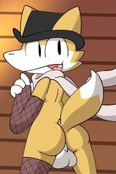 2019 amai_puwai_(artist) anthro ass backsack balls canid canine clothing fox fur hat headgear headwear hi_res looking_at_viewer looking_back male male_only mammal mostly_nude open_mouth scarf solo standing