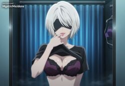 2b_(nier:automata) ai_generated anime anime_style artist_name black_blindfold black_shirt blindfold bra breasts cleavage clothes_lift collarbone covered_eyes curtains facing_viewer female finger_to_mouth fitting_room hentai hi_res large_breasts lifted_by_self medium_breasts mole mole_under_mouth mystic_maidens nier nier:_automata nier_(series) patreon purple_bra shirt shirt_lift short_hair short_sleeves solo t-shirt tongue tongue_out underwear upper_body white_hair yorha_2b