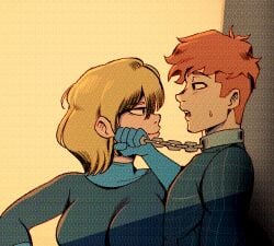 bdsm_collar blonde_female blonde_hair bondage chains collar dog_collar fantastic_four femdom femdom/malesub larger_male leash leash_and_collar leash_pull leashed_collar light-skinned_female light-skinned_male light_skin malesub marvel marvel_comics red_hair richard_parker_ii smaller_female spider-man spider-man_(series) sweat sweatdrop sweating the_impostor ultimate_spider-man_(2024) valeria_richards venom_(marvel)