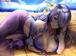 1girls beach bikini camilla_(fire_emblem) camilla_(summer)_(fire_emblem) cleavage female fire_emblem fire_emblem_fates fire_emblem_heroes flower flower_in_hair hocen large_breasts long_hair looking_at_viewer lying nintendo ocean on_side one_eye_covered purple_eyes purple_hair sand sea seaside see-through solo swimsuit thick_thighs thighs veil voluptuous water wide_hips