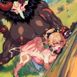 1girls ahe_gao ai_generated anthro ass blonde_hair blush bow breasts chain_leash chains churled collar completely_nude cum cum_in_pussy cum_overflow dark-skinned_futa defeat doggy_style duo female fucked_silly futanari genshin_impact hairbow heart heart-shaped_pupils hilichurls_(species) horns hoyoverse interspecies jean_(genshin_impact) jean_gunnhildr large_breasts larger_male lepick1 long_hair mask mihoyo mitachurl monster nipples nude open_mouth outdoors penis ponytail rape rolling_eyes sex sex_from_behind size_difference slave smaller_female spiked_bracelet spikes standing stomach_bulge straight sweat sword symbol-shaped_pupils tongue tongue_out weapon