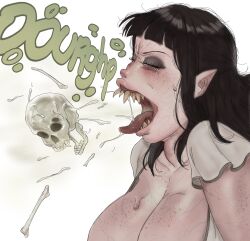 big_breasts black_hair bones burping digital_media_(artwork) eyeshadow freckles long_hair monster_mouth no_ai onomatopoeia pale_skin pointy_ears possessed regurgitation veins vore white_background