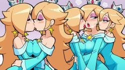 5girls bare_shoulders blonde_hair blue_eyes blush breast_press breasts clone closed_eyes crown dress earrings eyeshadow female female_focus female_only hair_over_one_eye highres hug jewelry kissing large_breasts long_hair looking_at_another makeup mario_(series) multiple_girls nintendo off-shoulder_dress off_shoulder princess_rosalina rosalina scott_falco selfcest star_(symbol) symmetrical_docking tongue tongue_out yuri