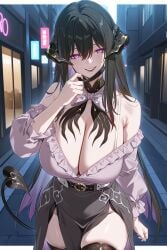 1girls ai_generated bare_shoulders black_hair black_lips black_mouth_mask black_skirt black_thighhighs constance_(honkai:_star_rail) detailed_light dramatic evil_grin exusi_ai frilled_shirt frilled_skirt glowing_eyes honkai:_star_rail huge_breasts jirai_kei letterbox looking_at_viewer mask_pull pink_shirt shiny_skin skindentation standing suspender_skirt tail the_dahlia_(honkai:_star_rail) thick_thighs wide_hips