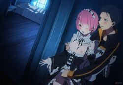 1boy 2girls blush clothed_sex commentary curtains detached_sleeves dutch_angle english_commentary groping hair_ornament hair_over_one_eye highres indoors maid maid_headdress masturbation masturbation_through_clothes multiple_girls muntins natsuki_subaru night nightstand nipple_rub nipple_stimulation nipples parted_lips patreon_logo patreon_username pink_eyes pink_hair pink_ribbon purple_ribbon ram_(re:zero) re:zero_kara_hajimeru_isekai_seikatsu rem_(re:zero) ribbon siblings sisters sleeping under_covers window wooden_floor x_hair_ornament zuharu