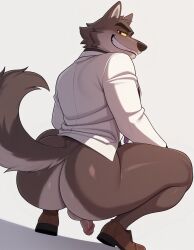 1boy ai_generated anthro balls big_ass big_ass_(male) big_ass_cheeks big_booty big_butt big_butt_(male) big_butt_cheeks bottomless bottomless_male clothed clothing dreamworks furry gay grin hi_res high_resolution highres kovasfox looking_at_viewer looking_back looking_back_at_viewer male mr._wolf_(the_bad_guys) naked naked_male nude nude_male partially_clothed penis smug smug_grin solo squatting the_bad_guys thick_thighs wolf