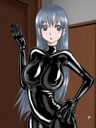 1girls 5_fingers annekuma bodysuit door female female_focus female_only gloves huge_breasts human indoors jpeg latex latex_clothing latex_suit long_hair rubber_suit shiny_clothes solo tight_clothing