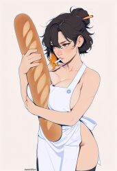1girls ai_generated apron apron_only ass_out baguette black_hair blush bread breasts cigarette cigarette_in_mouth cleavage darkeffect female female_focus female_only food hair_bun looking_down solo solo_female solo_focus white_background yellow_eyes