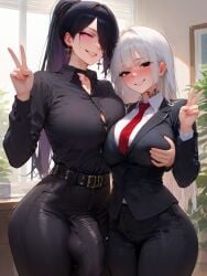 2girls absurdres ai_generated amiiari ass ass_bigger_than_head asymmetrical_docking bangs belt between_breasts big_breasts big_penis black_belt black_choker black_eyes black_hair black_jacket black_nails black_pants black_shirt blazer blunt_bangs blush breast_grab breast_press breasts breasts_bigger_than_head buckle bulge bulge_down_leg bulge_through_clothing bulge_under_clothes business_suit button_gap choker cleavage clenched_teeth collaboration collar collarbone collared_shirt cowboy_shot cross cross_earrings cross_necklace curvy day detailed double_v dress_shirt ear_piercing earrings embarrassed_female erection erection_under_clothes erection_under_clothing eyebrows_visible_through_hair eyes_visible_through_hair formal futa_with_female futanari glint grabbing grabbing_from_behind grey_eyes grey_hair grin groping groping_breasts hair_between_eyes hair_intakes hair_over_one_eye heart height_difference high_ponytail huge_ass huge_breasts huge_cock indoors jacket jewelry large_ass large_breasts large_penis latin_cross lips long_hair long_penis long_sleeves looking_at_viewer massive_breasts medium_breasts multiple_girls narrow_waist naughty_face neck_tattoo office_lady one_eye_covered one_eye_obstructed open_mouth original_character pant_suit pants parted_lips partially_unbuttoned peace_sign penis penis_outline penis_under_clothes photo_(object) piercing pink_eyes plant ponytail potted_plant purple_eyes rebecca_(amiiari) red_eyes red_necktie shirt shirt_tucked_in sidelocks skindentation smile standing stretched_clothing suit taller_female tattoo thick_thighs thighs tie tight_pants toned v veins very_long_hair voluptuous white_hair white_shirt wide_hips window