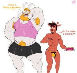 2019 2boys absurd_res anthro anthro_only armpit_hair asgore_dreemurr barazoku beard blonde_hair blonde_pubic_hair bobthetanuki bodily_fluids bottomwear bovid bulge capreoline caprine cervid cherry_pie clothing delta_rune_(emblem) deltarune dialogue duo english_text erect_nipples erect_nipples_under_clothes facial_hair food gay goat goatee hair hand_behind_head hi_res horns long_ears looking_at_partner male male_only mammal moustache muscular muscular_male navel nipple_outline nipples penis_under_clothes pie plate pointing reindeer rudolph_holiday shirt shorts simple_background size_difference sweat symbol tank_top text thick_thighs tight_clothing topwear undertale video_games white_background