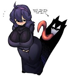 1girls ahoge alternate_breast_size ass ass_in_dress big_ass big_breasts black_eyes blush borvar breasts chubby clothed clothes dress female ghost hairband half-closed_eyes hex_maniac huge_ass huge_breasts large_ass large_breasts larger_female long_hair long_tongue looking_back nintendo npc_trainer pokemon pokemon_xy purple_hair shadow shoes size_difference standing sweat text thick_thighs tongue tongue_out white_background wide_hips worried
