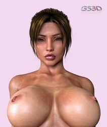 3d areolae bare_shoulders breasts brown_eyes brown_hair busty dirty female female_focus female_only gunnersteve3d huge_breasts lara_croft lara_croft_(classic) lipstick nipple_piercing nipples nude piercing ponytail solo thick_lips tomb_raider topless