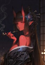 1girls ai_generated beauty_mark black_hair breasts darkeffect demon demon_girl female female_focus female_only hair_ornament horns large_breasts long_hair looking_at_viewer petite petite_body pipe red_body red_eyes red_skin side_view sideboob smoking solo solo_female solo_focus