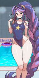 ai_generated artist_name black_eyes blush braid braided_ponytail breasts deskk doll doll_girl doll_joints dripping_sweat female hi_res in_love jointed_limbs lily_lovebraids long_hair looking_at_viewer navel one-piece_swimsuit pool poppy_playtime purple_hair smile solo star_(symbol) stomach sunglasses sunglasses_on_head sweat swimsuit tight_clothing white_purple_braids wide_hips