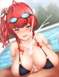 1boy ahoge azur_lane bangs bikini black_bikini blush breasts brown_eyes cleavage collarbone commentary_request cum ejaculation eyebrows_visible_through_hair female goggles goggles_on_head highres huge_breasts long_hair looking_at_viewer open_mouth outdoors paizuri red_hair shikakui_kyomu side_ponytail smile solo_focus swimsuit wet zara_(azur_lane) zara_(poolside_coincidence)_(azur_lane)