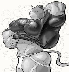 abs biceps big_biceps big_pecs black_and_white calico calico_cat cat_ears cat_tail closed_eyes compression_shirt feline fortnite fortnite:_battle_royale furry furry_only gay its_coldpizzart jockstrap male_only meowscles_(fortnite) monochrome muscular muscular_male musk musk_clouds nipple_bulge pecs shirt shirt_lift shirt_up side_view smile smiling tight_clothes tight_clothing tight_shirt v-line