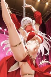 1girls ai_generated au_ra dancing dragon_horns dragon_tail dynamic_pose exusi_ai final_fantasy_xiv half-closed_eyes harem_outfit indoors large_breasts long_hair mouth_veil original_character raen red_clothing sideboob smile stage stage_lights standing_on_one_leg standing_split stripper_pole underboob white_hair white_horns white_tail yellow_eyes