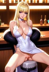 1girls ai_generated bar_(place) blonde_hair dress emilie_de_rochefort exposed_pussy female female_only flashing_pussy hime_cut lipstick looking_at_viewer no_panties pubic_hair purple_eyes pussy red_lipstick shiny_hair shiny_skin smile spread_legs tagme tekken