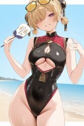 1girls ai_generated beach black_swimsuit blonde_hair cleavage cleavage_cutout double_bun exusi_ai eyewear_on_head fanning_self full_body grin hair_over_one_eye highleg_swimsuit looking_at_viewer medium_breasts one-piece_swimsuit outdoors purple_eyes red_trim revealing_clothes sweat sweatdrop sweety_(zenless_zone_zero) thick_thighs underboob_cutout wide_hips yellow_tinted_glasses zenless_zone_zero