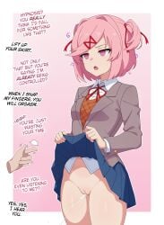 1boy 1girls acting_innocent ai_assisted basic_background blue_skirt bob_cut bottomless bottomless_female bottomless_skirt cum cute ddlc doki_doki_literature_club emotionless empty_eyes explicit explicit_nudity female female_ejaculation female_orgasm forced_orgasm guilegaze hair_ornament hair_ribbon hair_vents hi_res high_quality high_resolution highres holding_skirt hypnosis hypnotic_eyes hypnotized_female ignoring lifting_skirt mind_broken mind_control natsuki_(doki_doki_literature_club) nonchalant not_caring open_mouth petite petite_body petite_female pink_eyes pink_hair pussy pussy_ejaculation pussy_juice pussy_juice_drip pussy_lips pussy_peek red_tie ribbon ribbon_in_hair ribbon_tie ribbons school_uniform schoolgirl schoolgirl_uniform shiny_skin short_hair sigh sighing silly silly_face simple_background skirt skirt_lift skirt_up small_breasts snap snapping_fingers speech spontaneous_ejaculation squirting text thighs torso trigger tsundere twintails twitter_link x_hair_ornament x_link