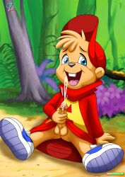 1boy alvin_and_the_chipmunks alvin_seville blue_eyes bottomless chipmunk cub cum erection furry male male_cub male_only masturbation orgasm outside penis pleasure_face rear_deliveries smile solo solo_male testicles young