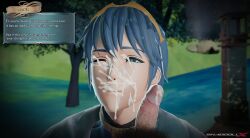 2boys 3d 3d_(artwork) 3d_model 3d_render blue_eyes blue_hair bribe bukkake context cum_facial cum_on_face cumshot_on_face excessive_cum facial fire_emblem gay gay_domination lore marth_(fire_emblem) nintendo penis semen semen_on_face shaddoll_x smile smiling_at_viewer text text_box yaoi
