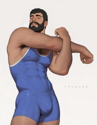 1boy 2d ai_assisted arm_hair aslan_(thumosx) bara beard black_hair blush body_hair brown_eyes bulge chest_hair closed_eyes cowboy_shot cross-arm_stretch dark-skinned_male facial_hair hairy human leg_hair male male_focus male_only muscular muscular_male parted_lips partred_lips simple_background singlet solo standing stretching thumosx white_background wrestling_out wrestling_outfit