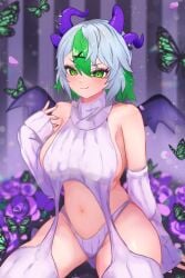 1girls alternate_costume armpits backless_outfit bare_shoulders belly belly_button big_breasts blush breasts bug butterfly chimanakoneko demon_girl demon_horns demon_wings detached_sleeves female flower froot gluteal_fold green_butterfly green_eyes green_hair grey_hair hair_ornament highres hips horns indie_virtual_youtuber insects large_breasts long_sleeves looking_at_viewer medium_breasts midriff multicolored_hair multiple_horns navel pale-skinned_female pale_skin panties purple_flower purple_horns purple_wings short_hair sideboob smile solo stomach streaked_hair sweater thick_thighs thighs thong tummy turtleneck turtleneck_sweater underwear virgin_destroyer_sweater virtual_youtuber vtuber white_panties white_sweater wide_hips wings x_hair_ornament