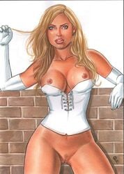 1girls 2019 blonde_female blonde_hair blonde_pubic_hair blue_eyes bottomless breasts brick brick_wall corset dated ed_benes_studio emma_frost erect_nipples exposed_breasts exposed_nipples fabiano_oliveira female female_only gloves hand_in_hair hellfire_club homo_superior human leaning leaning_against_wall lipstick long_hair marvel marvel_comics mutant nipples no_panties pinup pubic_hair pussy signature solo superheroine telepath thighs vulva white_corset white_gloves white_queen x-men