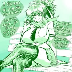 2d asuka_(senran_kagura) bench black_hair breasts crossed_legs dark_brown_hair english_dialogue english_text female hair_ornament high_resolution huge_breasts large_breasts large_tits legs monochrome ponytail propositioning ribbon scarf school_uniform senran_kagura senran_kagura_(series) sitting_on_bench sketch skirt solo text_bubble thick_thighs thigh_highs thighhighs thighs tied_hair uncensored vkid white_ribbon