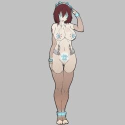 1girls android big_breasts bolts brown_hair cybernetics emotionless female female_only functionally_nude glowing_eyes glowing_markings glowing_tattoo hairless_pussy implants labia metal_cuffs neon_eyes nude piercings pussy robot_eyes salute solo yakou_(4507770)