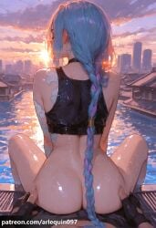 1boy ai_generated arcane arlequin097 arm_tattoo ass ass_grab back bare_shoulders black_choker black_gloves blue_hair blush bottomless braid braided_ponytail building choker cityscape cloud crop_top facing_away female fingerless_gloves from_behind gloves jinx_(league_of_legends) league_of_legends long_hair outdoors pool pov sex shiny shiny_skin shoulder_tattoo sitting sky solo_focus straddling straight sunset tattoo very_long_hair water watercraft web_address wet wet_hair