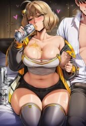 1boy 1boy1girl 1girls abs ai_generated anis_(nikke) bed beer belly belly_button big_breasts bulge bulge_through_clothing cleavage commander_(nikke) drunk female goddess_of_victory:_nikke happy huge_breasts indoors large_breasts off_shoulder sitting steam sweat sweatdrop teasing thick_thighs thighhighs