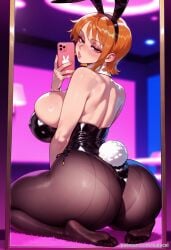 ai_generated animal_ears balecxi bare_shoulders black_leotard fake_animal_ears feet female female_only holding huge_ass huge_breasts looking_at_viewer mirror nami_(one_piece) no_shoes one_piece orange_hair pantyhose phone rabbit_ears rabbit_tail selfie short_hair solo