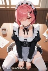 1girls ai_generated belliora blush closed_mouth clothed_sex clothing cowgirl_position demon demon_girl female female_focus female_on_cloth fringe heart heart_symbol hi_res inside light-skinned_male light_skin low-angle_view one_eye_obstructed penetration pink_hair ram_(re:zero) re:zero_kara_hajimeru_isekai_seikatsu red_eyes sex sitting uncensored watermark