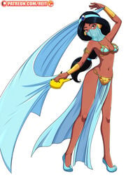 1girls aladdin black_hair breasts brown_eyes brown_skin cosplay dark_skin disney disney_princess female_only harem_outfit keaton_mask loincloth long_hair looking_at_viewer low-tied_long_hair lucasfilm metal_bikini mouth_veil navel pelvic_curtain princess princess_jasmine reit royalty shoes slave_bikini slave_leia_(cosplay) smiling solo star_wars teen teenager veil white_background young