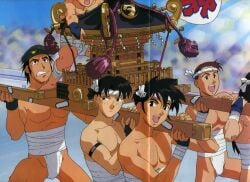 6boys armband bandage bandaged_arm black_hair brown_hair bulge cap carrying en_daidouji festival freckles freckles_on_face fundoshi gay geki_kuroiwa gouryu hachimaki headband legs_apart male male_only mikoshi morning muscles muscular muscular_male official_art pecs rokushaku_fundoshi ryu_hashiba sarashi scan shin_sawamura short_hair standing sunlight tassel walking white_fundoshi yaoi yuusha_shirei_dagwon